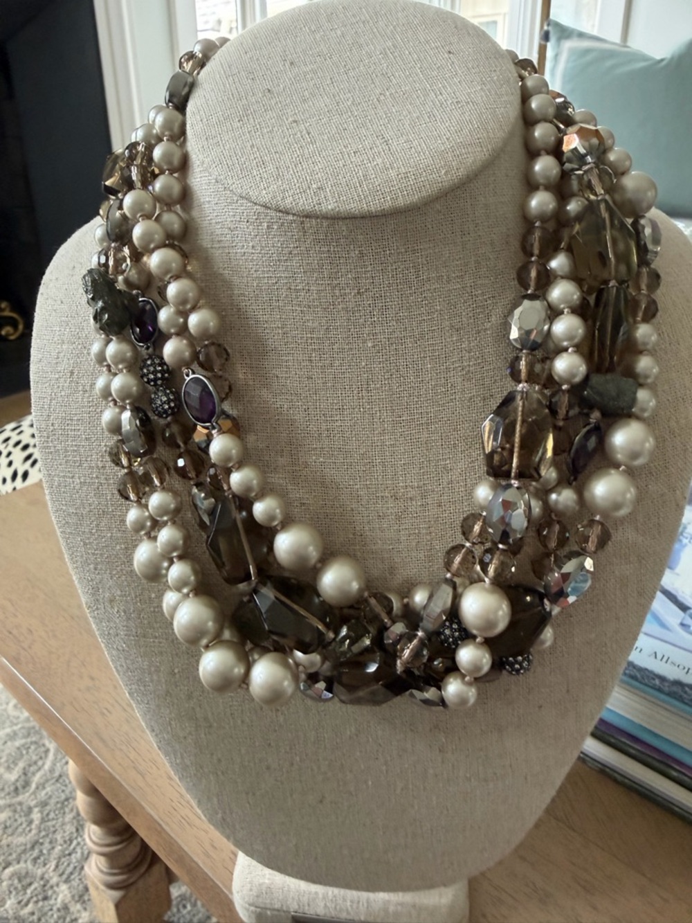 Stella & Dot Multi-Strand Pearl and Smoky Crystal Statement Necklace